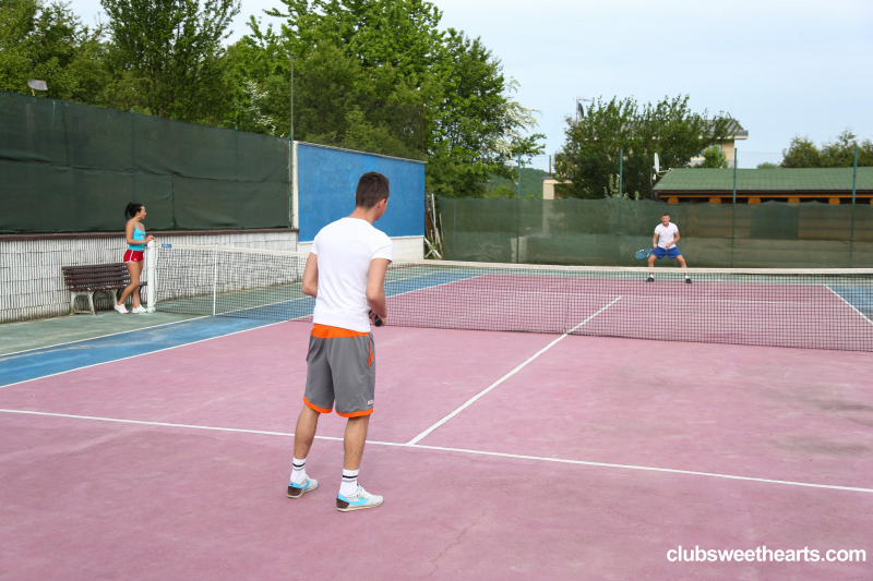 Cute streaker fucked by two tennis players