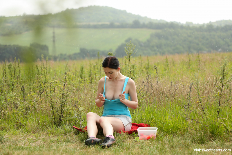 Cute teen toying herself in nature